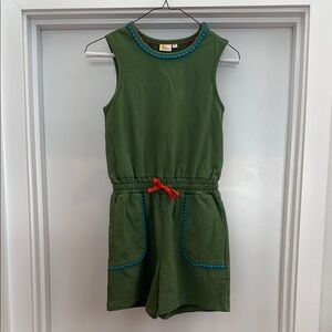 Mini Boden Green Sleeveless Romper with Blue Trim and Red Tie